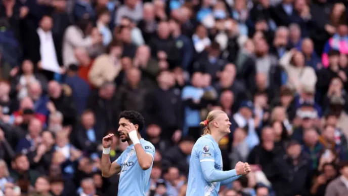 Omar Marmoush of Manchester City celebrates scoring his team’s third goal [Naomi Baker/Getty Images]