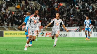 Oswin Appollis wheels away in celebration after converting from the penalty spot to complete Orlando Pirates' 3-0 win over Magesi FC at the New Peter Mokaba Stadium on Saturday night.