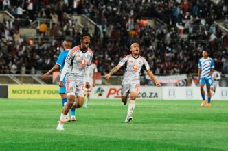 Oswin Appollis wheels away in celebration after converting from the penalty spot to complete Orlando Pirates' 3-0 win over Magesi FC at the New Peter Mokaba Stadium on Saturday night.