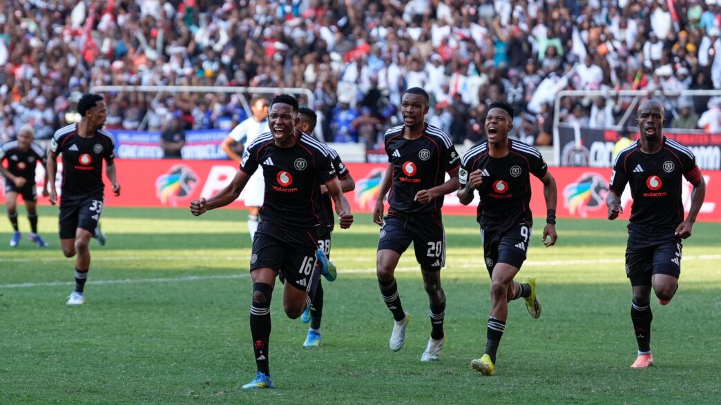 Orlando Pirates players celebrate at Mbombela Stadium after ending a 14-year league title drought on the final day of the Betway Premiership season on Saturday. Photo by X/@orlandopirates