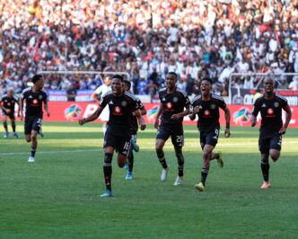 Orlando Pirates players celebrate at Mbombela Stadium after ending a 14-year league title drought on the final day of the Betway Premiership season on Saturday. Photo by X/@orlandopirates