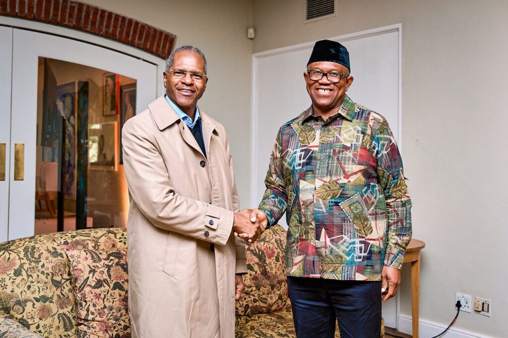 Peter Obi meets with Minister of Cooperative Governance and Traditional Affairs Velenkosini Hlabisa, leader of the Inkatha Freedom Party, in Cape Town during discussions on migration, regional cooperation and the tensions affecting African foreigners in South Africa. Photo: X/@PeterObi
