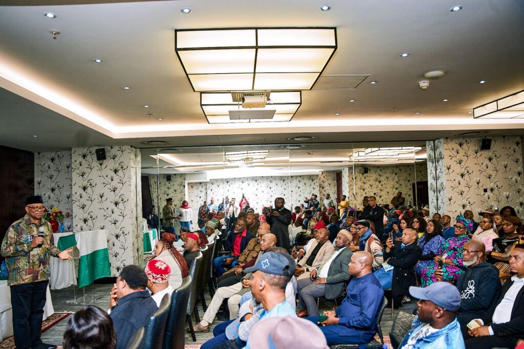 Nigerian opposition leader Peter Obi addresses Nigerians living in Johannesburg, South Africa, during a diaspora engagement on Africa Day, 25 May 2026. Photo by X/@PeterObi