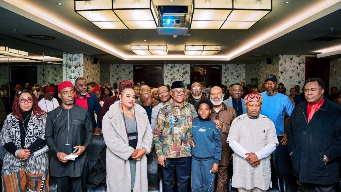 Nigerian opposition leader Peter Obi addresses Nigerians living in Johannesburg, South Africa, during a diaspora engagement on Africa Day, 25 May 2026. Photo by X/@PeterObi
