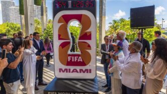 Miami-Dade County Elected officials joined special guest artist Marc Anthony and Co-Chair Rodney Barreto as they unveiled the official kick off final countdown clock, during the “One Year Out” celebration hosted by the Miami Host Committee and FIFA at the Pérez Art Museum Miami (PAMM), on Wednesday June 11, 2025. Pedro Portal