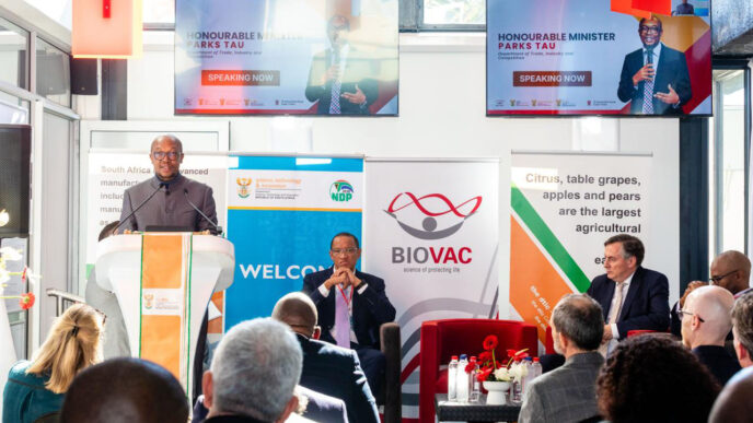 Minister of Trade, Industry and Competition (the dtic), Mr Parks Tau addressing the Biovac Facility expansion and soil turning ceremony in Cape Town.