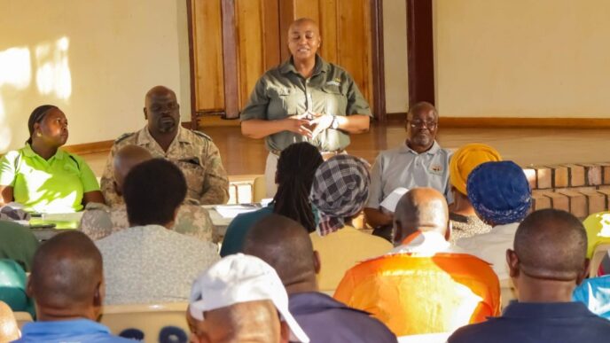Officials from the Mpumalanga Tourism and Parks Agency and Kruger National Park meet with affected farmers and community members at the Sphelanyane Community Hall in the City of Mbombela on Friday, 1 May 2026, to address lion incursions into surrounding communities. Photo: Mpumalanga Tourism and Parks Agency