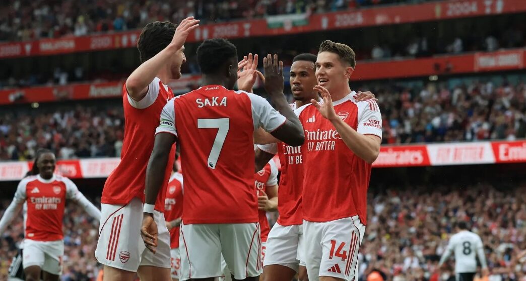 Arsenal striker Viktor Gyokeres celebrates with teammates after scoring one of his two goals during the Gunners' commanding 3-0 Premier League win over Fulham at the Emirates Stadium on Saturday,
