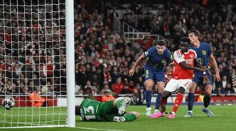 Bukayo Saka prods the rebound into the net on 44 minutes to send Arsenal into the UEFA Champions League final for the first time in 20 years