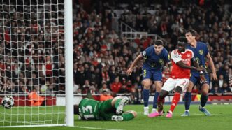 Bukayo Saka prods the rebound into the net on 44 minutes to send Arsenal into the UEFA Champions League final for the first time in 20 years