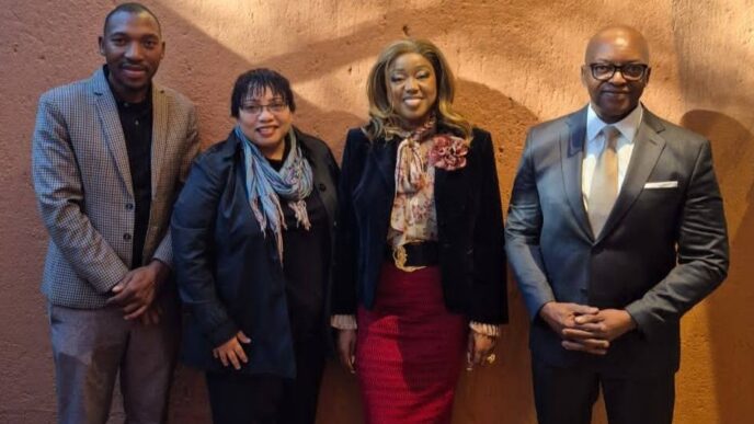 The Minister and Ms. Leigh Gunkel-Keuler, DHL Africa Director of Corporate Governance Affairs, pictured with delegates during Wednesday's engagements. Photo supplied