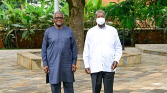 Ugandan President Yoweri Kaguta Museveni and Nigerian billionaire industrialist Aliko Dangote during their meeting at State Lodge Nakasero to discuss the proposed East African regional oil refinery project. Photo by Uganda State House