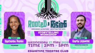 The Rooted and Rising Storytelling Workshop flyer, an event presented by Kingdom XLR and the US Embassy in Eswatini, taking place at the Eswatini Theatre Club in Mbabane on Wednesday, 27 May 2026, from 2pm to 5pm.