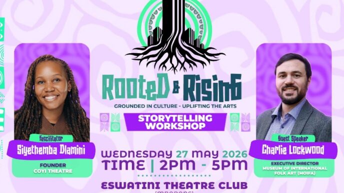 The Rooted and Rising Storytelling Workshop flyer, an event presented by Kingdom XLR and the US Embassy in Eswatini, taking place at the Eswatini Theatre Club in Mbabane on Wednesday, 27 May 2026, from 2pm to 5pm.