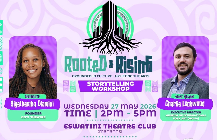 The Rooted and Rising Storytelling Workshop flyer, an event presented by Kingdom XLR and the US Embassy in Eswatini, taking place at the Eswatini Theatre Club in Mbabane on Wednesday, 27 May 2026, from 2pm to 5pm.