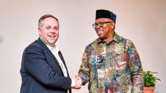 Former Anambra State Governor and 2023 Labour Party presidential candidate Peter Obi pictured with South African Minister of Home Affairs Leon Schreiber of the Democratic Alliance during talks in Cape Town on immigration and Nigeria-South Africa relations. Photo: X/@PeterObi