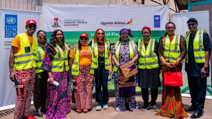 The Honourable Minster, Industry Trade and Investment with the Exporting Businesses, UNDP Resident Representative Nigeria and UNDP Regional AfCFTA Specialist, and the Deputy Head of Mission and Chargé d'Affaires, Uganda High Commission, Nigeria