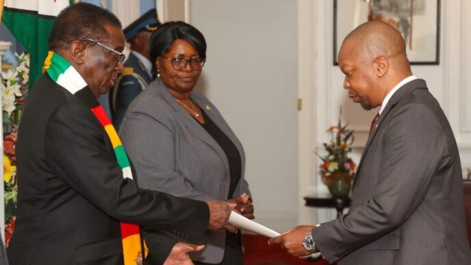 Lesotho's newly appointed Ambassador to Zimbabwe, His Excellency Ntsime Jafeta, presents his Letters of Credence to Zimbabwean President Emerson Dambudzo Mnangagwa at the State House in Harare on 28 May 2026. (Picture: Ministry of Foreign Affairs and International Relations Lesotho)