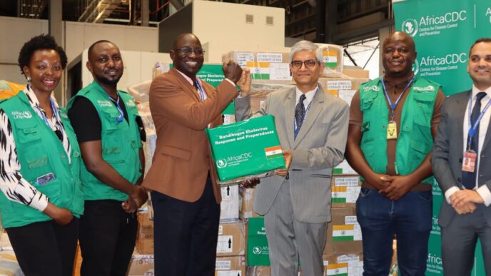 Emergency pharmaceutical supplies donated by the Government of India to support the Bundibugyo Ebola outbreak response in the Democratic Republic of Congo, received in Uganda by Africa CDC's Eastern Africa Regional Coordinating Centre. (Picture: X/@AfricaCDC)