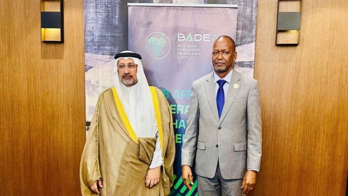 SADC Executive Secretary H.E. Elias M. Magosi and BADEA President H.E. Abdullah KH Almusaibeeh meet on the sidelines of the AfDB Annual Meetings in Brazzaville, Republic of Congo on May 27, 2026,
