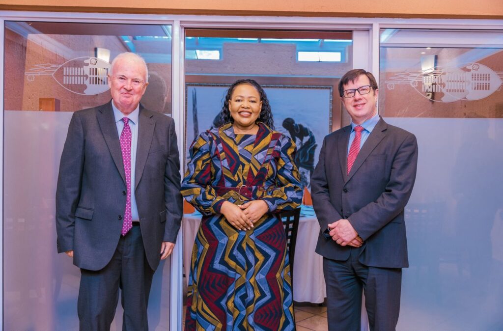 Minister of Foreign Affairs and International Cooperation Senator Pholile Shakantu, United Kingdom Special Envoy to the Commonwealth John Virgeo and United Kingdom High Commissioner to Eswatini Colin Wells during their meeting in Mbabane