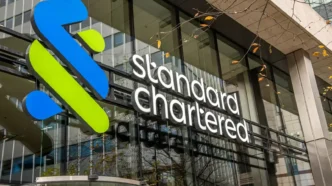 The Standard Chartered bank logo is seen at their headquarters in London, Britain