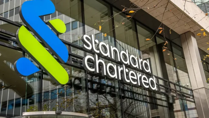 The Standard Chartered bank logo is seen at their headquarters in London, Britain