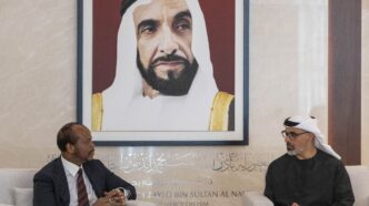His Majesty King Mswati III pictured with Abu Dhabi Crown Prince Sheikh Khaled bin Mohamed bin Zayed Al Nahyan during their meeting in the UAE. (Photo: WAM)
