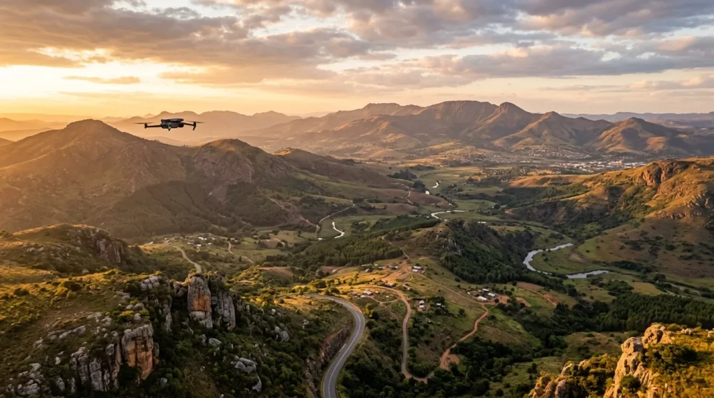 A drone hovers over a landscape