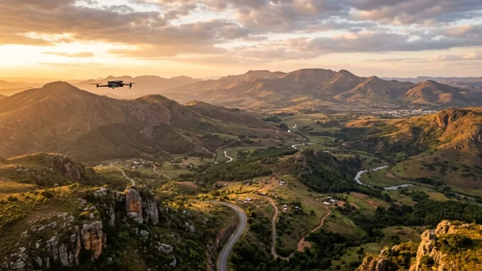 A drone hovers over a landscape