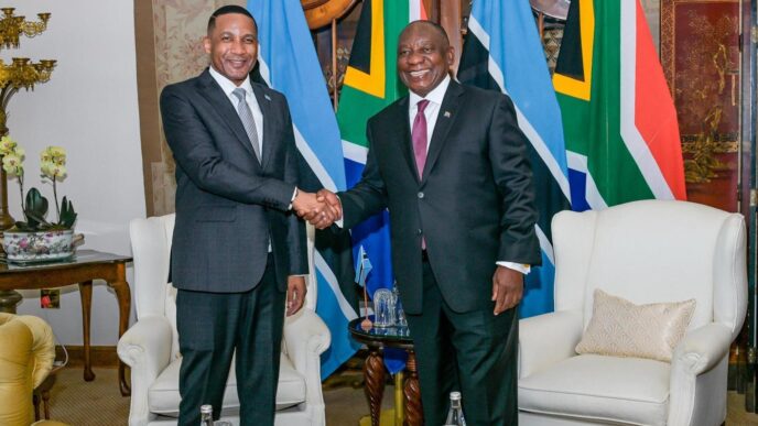 President Cyril Ramaphosa welcomes Botswana President Gideon Duma Boko at Mahlamba Ndlopfu, the official presidential residence in Pretoria, during Boko's first official working visit to South Africa following his victory in the 2024 general elections.