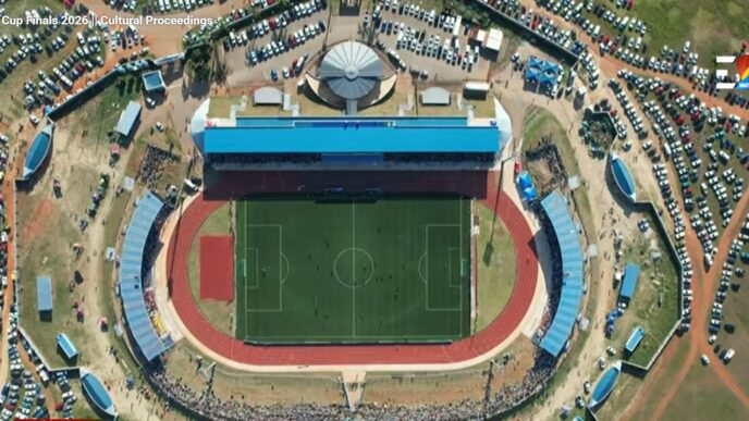 An aerial view of the Somhlolo National Studium during the finals match between Nsingizini Hotspurs and Green Mamba. Photo by Eswatini TV