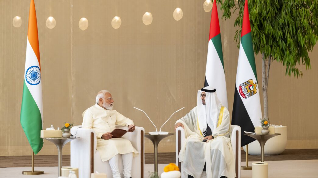 UAE President Sheikh Mohamed bin Zayed Al Nahyan and Indian Prime Minister Narendra Modi during their meeting in Abu Dhabi. | WAM