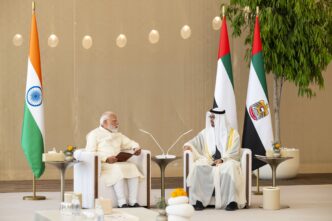 UAE President Sheikh Mohamed bin Zayed Al Nahyan and Indian Prime Minister Narendra Modi during their meeting in Abu Dhabi. | WAM