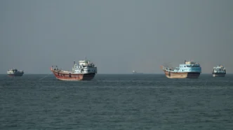 Vessels at the Strait of Hormuz, as seen from Musandam, Oman, June 26. Stringer/Reuters