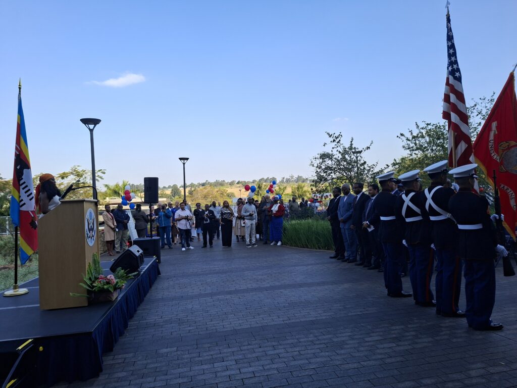 Guests stand in observance as the national anthem is played during the United States Embassy's Independence Day reception in Mbabane, marking 250 years of American independence. Photo: Adekunle Owolabi/Swazi24