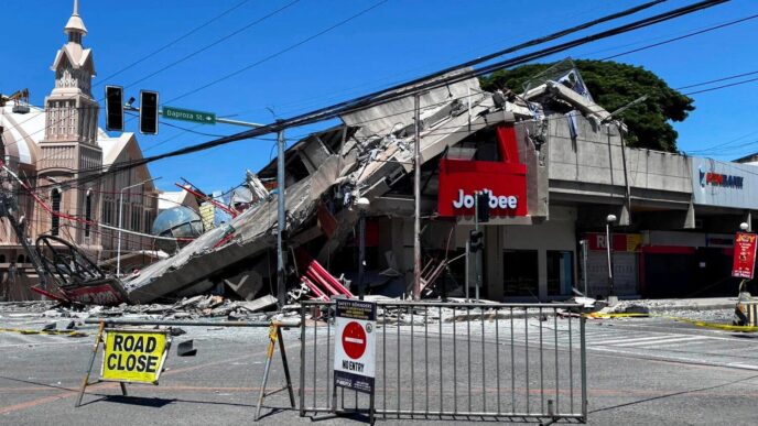 A road is blocked near the collapsed building after a magnitude 7.8 quake in General Santos, Philippines, June 8, 2026. Picture taken with a mobile phone. REUTERS/Edwin Espejo