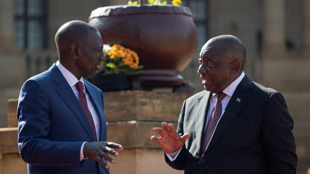 Kenyan President William Ruto and South African President Cyril Ramaphosa speak during the official welcome ceremony for Ruto's state visit, aimed at deepening economic, political, and strategic ties, at the Union Buildings in Pretoria, South Africa, June 4, 2026. REUTERS/Alet Pretorius
