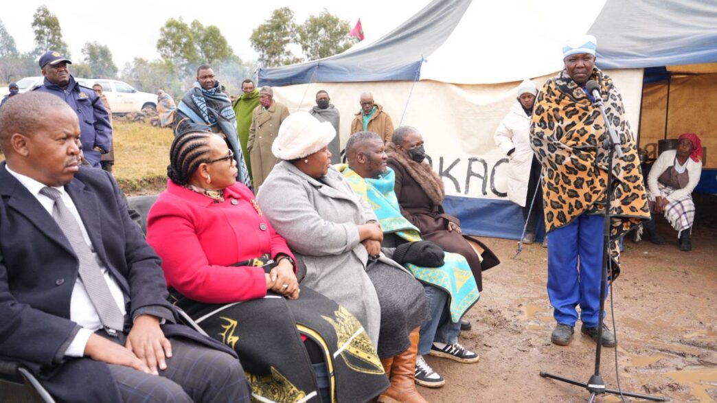 Deputy Prime Minister Justice Nthomeng Majara delivers the government's condolences to the family of Tsepo Maine at their home in Ha Maine, Mafeteng, following the deaths of his two young children. Photo by LENA