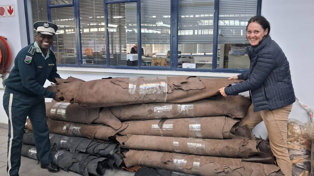 Nakara Managing Director Max Schaefes hands over leather valued at N$100,000 to Namibian Correctional Service Deputy Commissioner-General for Correctional Operations Sam Shaalulange during a handover ceremony in Windhoek. (Photo: Namibian Correctional Service)