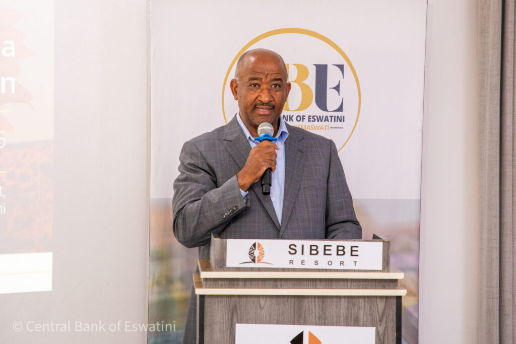 Central Bank of Eswatini Governor Dr. Phil Mnisi addresses editors and journalists during the Governor's Annual Media Engagement Session at Sibebe Resort on Friday. (Photo: CBE)