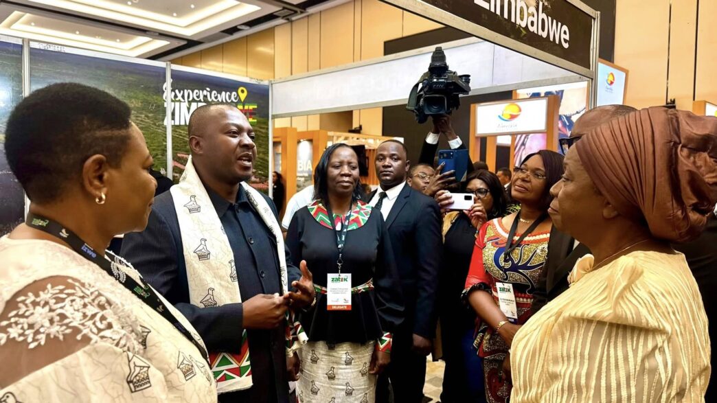 Zimbabwe Tourism Authority Chief Executive Officer Dr George Manyaya and Zimbabwe's Ambassador to Zambia Charity Charamba receive Zambian Vice President Mutale Nalumango at the Zimbabwe exhibition stand during the Zambia Travel Expo 2026. (Photo: Zimbabwe Tourism Authority)
