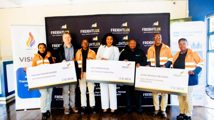 FreightLux presents a E40,000 cheque to SOS Children's Villages Eswatini during the donation handover ceremony. (Photo: SOS Children's Villages Eswatini)