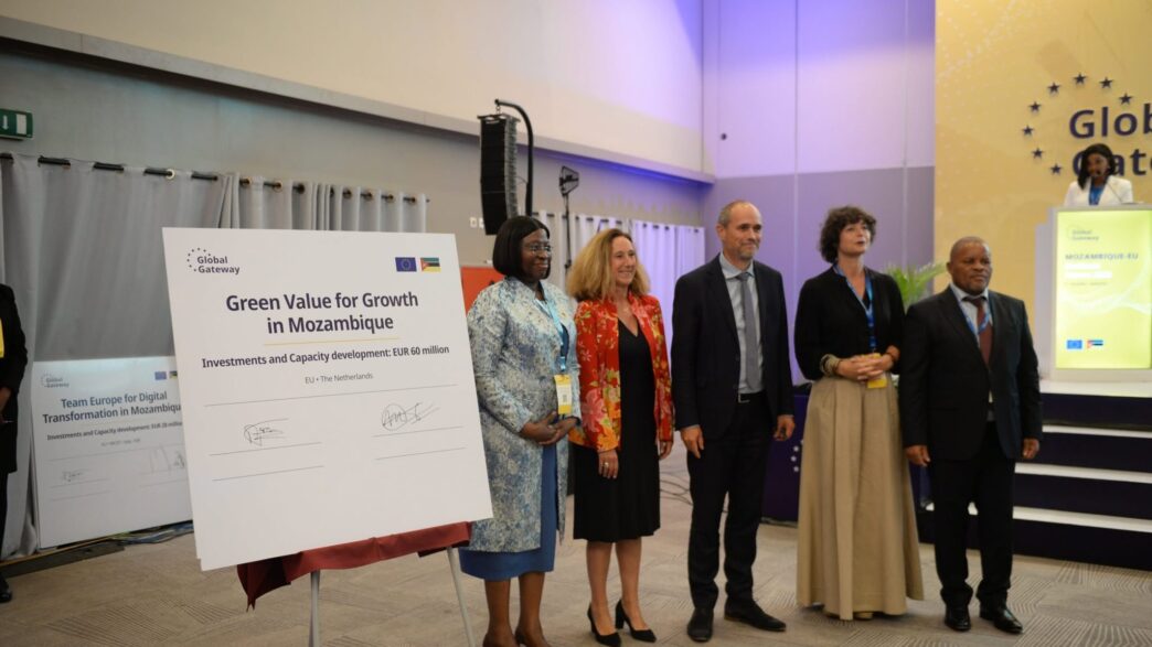 European Union and Mozambican officials stand alongside one of the agreement cheques during the signing ceremony at the Mozambique-EU Business Forum 2026 in Maputo, where four deals worth €178 million were signed to boost clean energy, digital inclusion, agriculture, and education. | Photo: X/@MaggioreEU