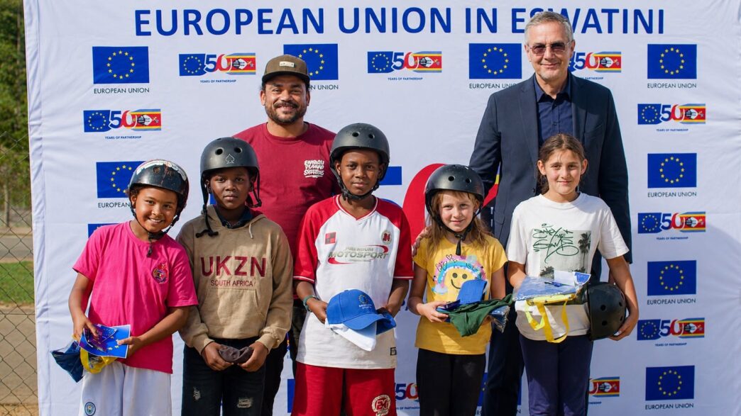 EU Ambassador to Eswatini Karsten Mecklenburg joins some of the young participants at the Emaswati Skate competition held at the Lafezeka Skate Park in Mbabane on Saturday, as the European Union marked 50 years of partnership with the Kingdom of Eswatini. (Photo: EU in Eswatini)