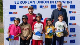 EU Ambassador to Eswatini Karsten Mecklenburg joins some of the young participants at the Emaswati Skate competition held at the Lafezeka Skate Park in Mbabane on Saturday, as the European Union marked 50 years of partnership with the Kingdom of Eswatini. (Photo: EU in Eswatini)