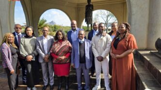South Africa's Minister of Science, Technology and Innovation Blade Nzimande and his delegation pose with Dr Rejoice Maseko PhD, Director at the Ministry of ICT, and other officials during their visit to King Sobhuza II Memorial Park. | Photo: Eswatini National Trust Commission