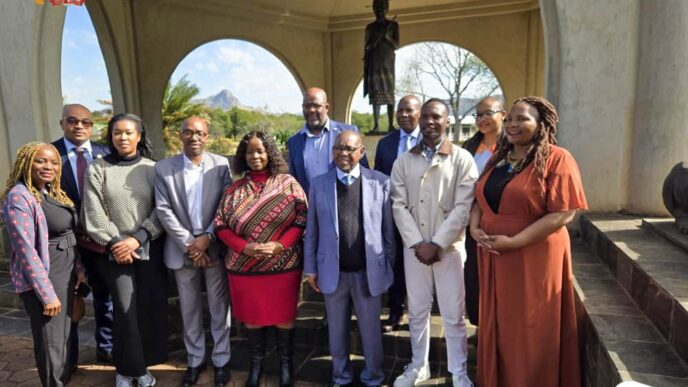 South Africa's Minister of Science, Technology and Innovation Blade Nzimande and his delegation pose with Dr Rejoice Maseko PhD, Director at the Ministry of ICT, and other officials during their visit to King Sobhuza II Memorial Park. | Photo: Eswatini National Trust Commission