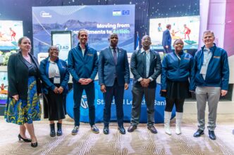 Lesotho's Minister of Energy and Mining Lejone Mpotjoane receives the signed MOU for the Mohale's Hoek Wind Farm from Hirundo Energy and Lesotho Electricity Company officials at the LEAD 2026 Conference. (Photo: Hirundo Energy)