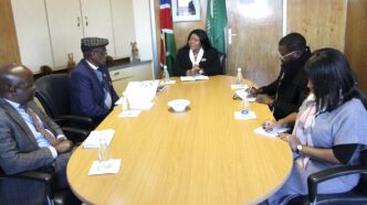 Namibia's Deputy Minister of International Relations and Trade, Jenelly Matundu (centre), meets with SADC Malaria Elimination 8 Ambassador Dr Richard Nchabi Kamwi (left) and WHO Country Representative to Namibia Dr Richard Banda (right) in Windhoek on Thursday, 11 June 2026. Photo: Ministry of International Relations and Cooperation, Namibia